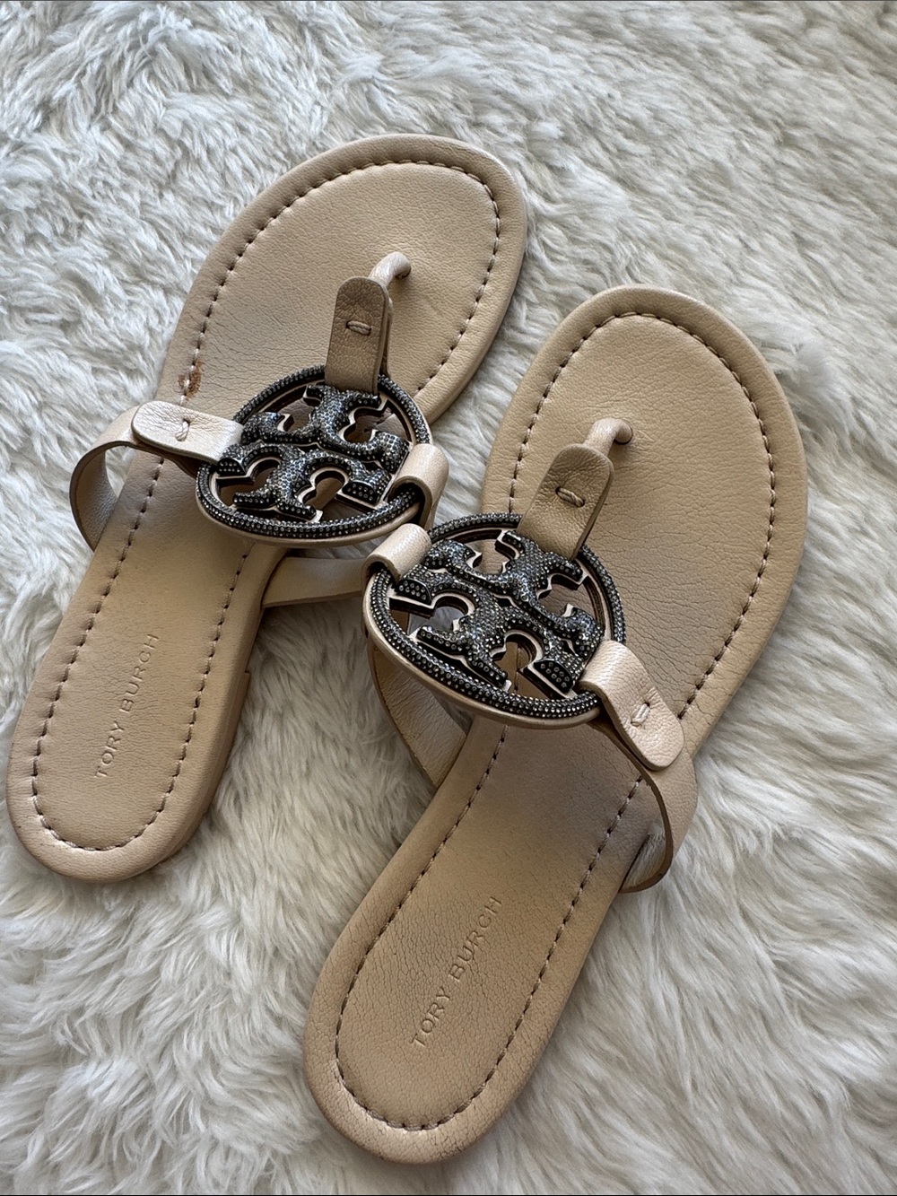 Tory Burch Beige Logo Thong Sandals with Gunmetal Medallion